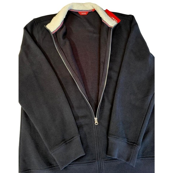 IZOD Men’s Fleece Full Zip Jacket M L Black Cotton Polyester Faux Fur Collar New - Picture 2 of 10